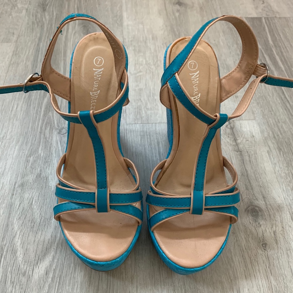 Blue and Tan T-Strap Wedge Heel Sandals